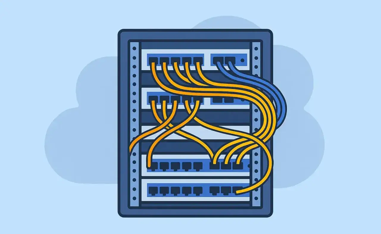 Ein Server-Rack mit vielen gelben und blauen Ethernet-Kabeln, die in verschiedene Ports gesteckt sind.