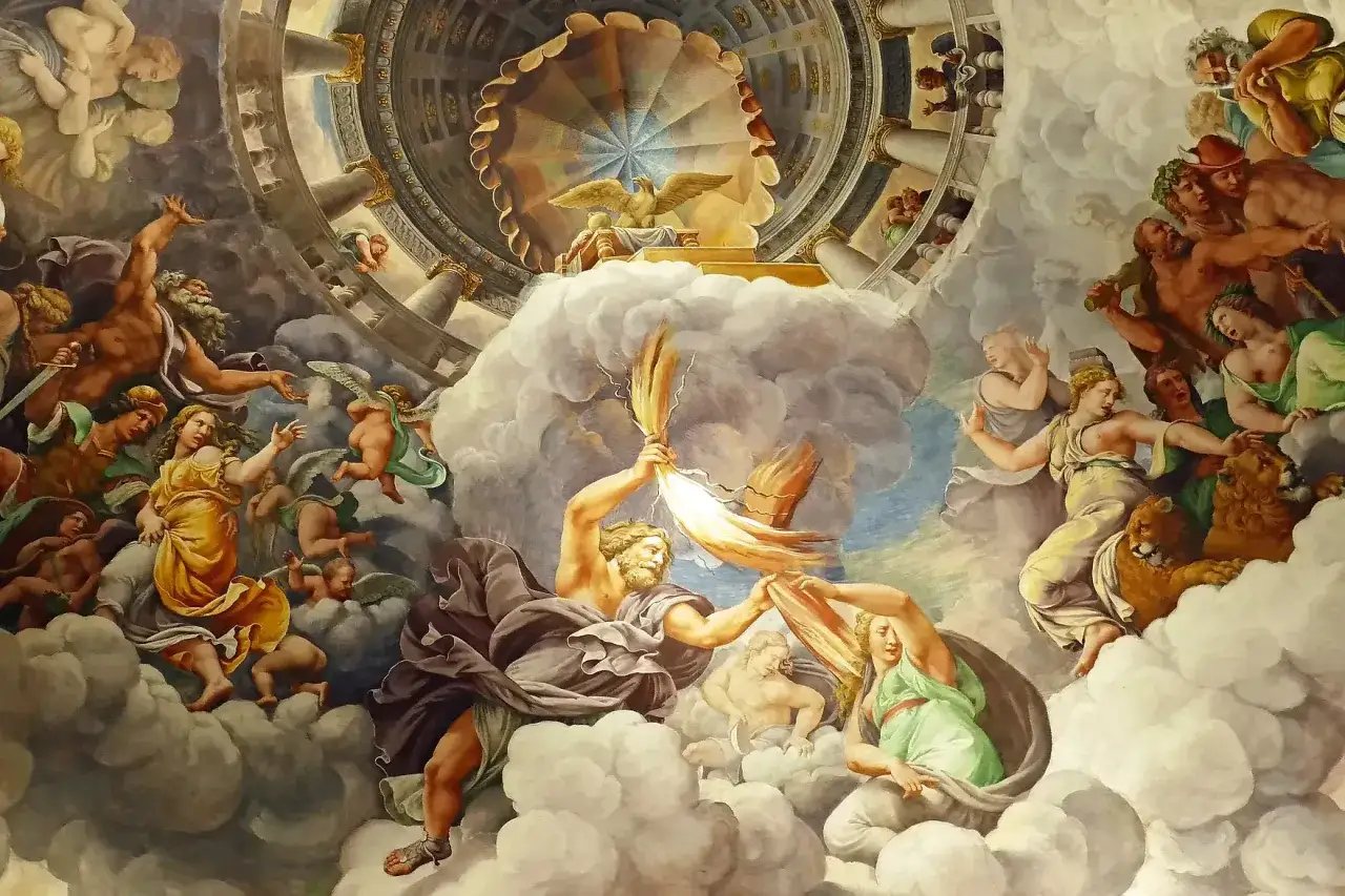 Zeus schleudert Blitze, umgeben von anderen griechischen Göttern und Putten in einer dramatischen Deckenmalerei.