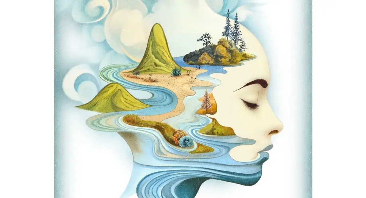 Landschaft im Kopf einer Frau, die ihre kognitiven Fähigkeiten symbolisiert. Fließendes Wasser und grüne Hügel formen eine innere Welt.