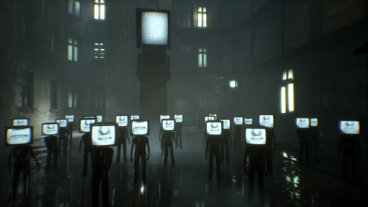 Eine Gruppe von Figuren mit Fernsehbildschirmen statt Köpfen steht in einem düsteren, regnerischen Hof. Ein riesiger Bildschirm thront über ihnen. Ein dystopisches Bild.