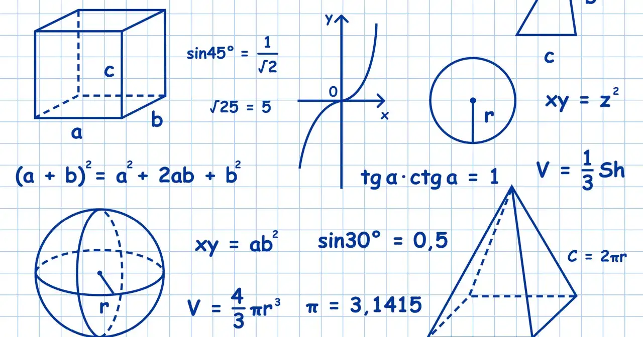 Geometrische Figuren und Formeln, die helfen, den Umfang zu berechnen. Würfel, Kugel, Pyramide, Kreis und Gleichungen.