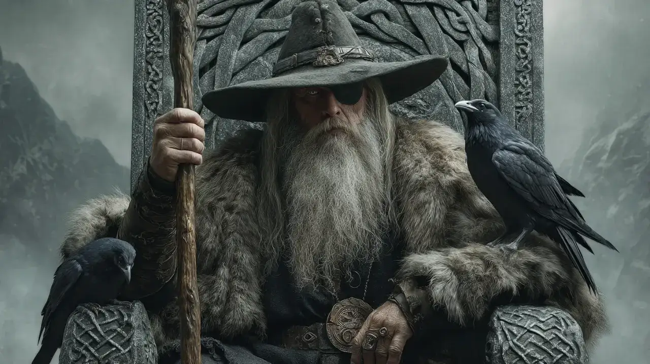 Odin, der Allvater, sitzt auf seinem Thron, ein Auge bedeckt, mit Raben zu seinen Seiten.