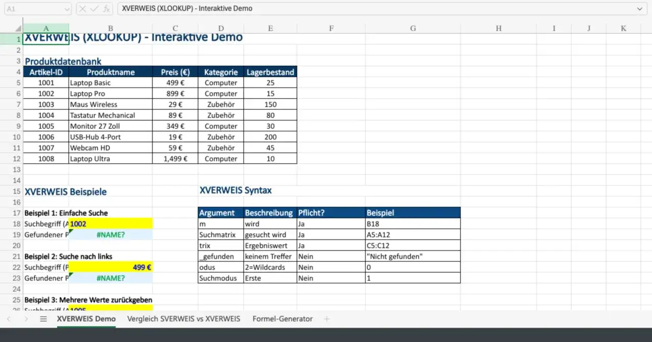 Excel-Tabelle zeigt XVERWEIS-Beispiele. Suchbegriffe wie 