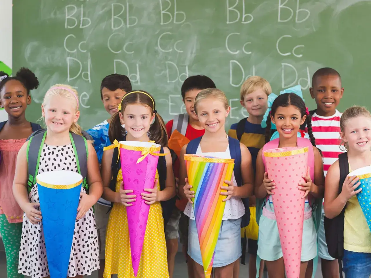 Glückliche Kinder mit Schultüten vor einer Tafel mit Buchstaben – bereit für die Einschulung Sachsen-Anhalt 2025!