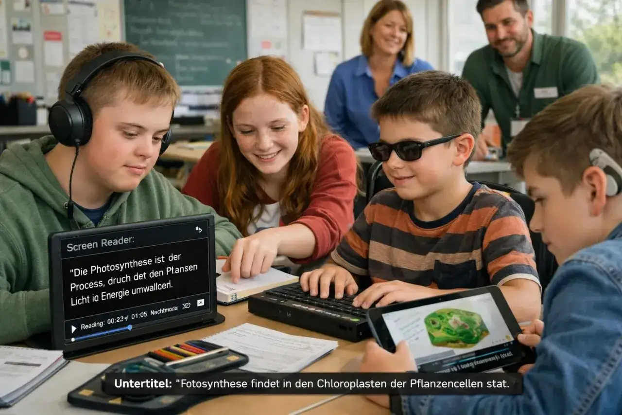 Kinder der Generation Alpha lernen im Unterricht über Photosynthese. Ein Junge mit Kopfhörern und ein Mädchen mit roten Haaren schauen auf einen Bildschirm.