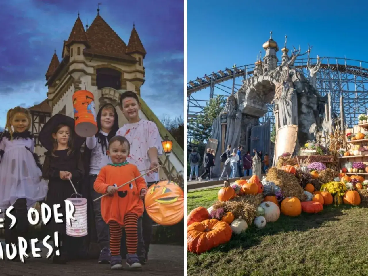 Kinder in Kostümen vor einem Schloss und eine Achterbahn mit Kürbisdeko – perfekt für die Herbstferien Baden-Württemberg 2025!