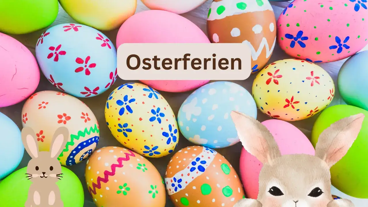 Bunte Ostereier und niedliche Hasenbilder, perfekt für die Osterferien 2026 NRW.