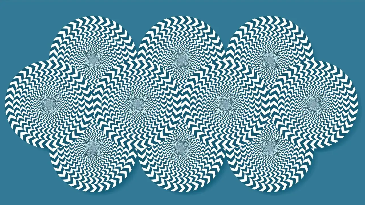 Sieben Kreise mit sich drehenden Pfeilen erzeugen eine faszinierende optische Täuschung auf blauem Hintergrund.