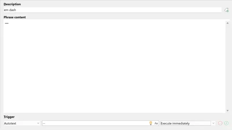 Autotext-Einstellung: "em dash" wird durch einen Gedankenstrich ersetzt, wenn "--" auf der Tastatur eingegeben wird.