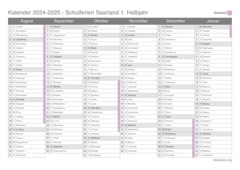 Ferien Saarland 2026: Kalenderübersicht mit Namenstagen. Planen Sie Ihre Auszeit!