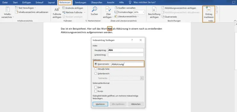 Word: Indexeintrag festlegen. "Abk" wird als Abkürzung markiert, mit Verweis auf "Abkürzung".