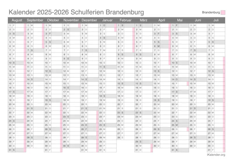 Kalender Brandenburg 2025-2026: Osterferien im April 2026 planen.