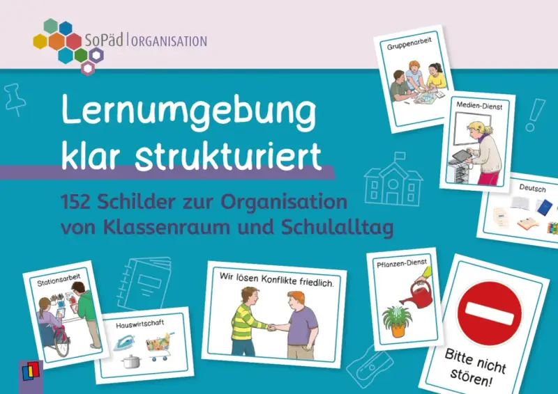 Schilder für eine klare Lernumgebung in der Sonderpädagogik: Organisation von Klassenraum und Schulalltag.