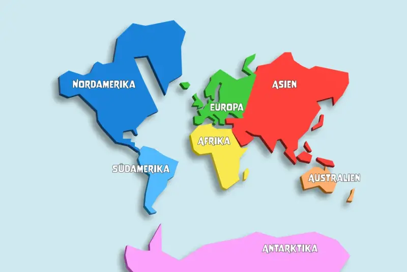 Eine bunte Weltkarte zeigt, wie viele Kontinente es gibt: Nordamerika, Südamerika, Europa, Afrika, Asien, Australien und Antarktis.