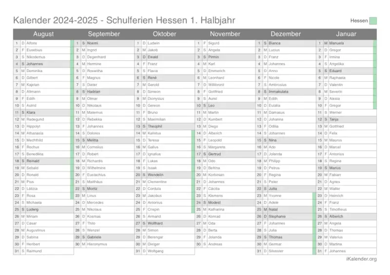 Ferien Hessen 2025: Kalender mit Namen und Schulferien.