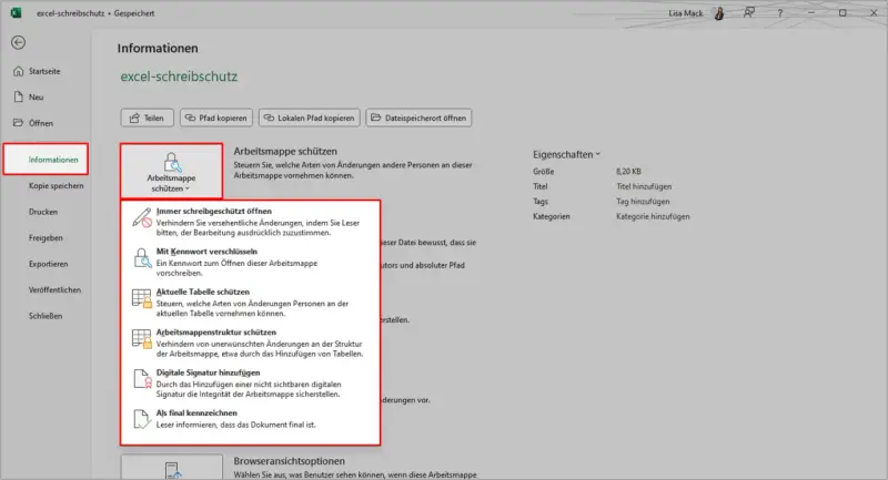 Excel-Schreibschutz aufheben: Optionen zum Schutz von Arbeitsmappen, z.B. "Immer schreibgeschützt öffnen" oder "Mit Kennwort verschlüsseln".
